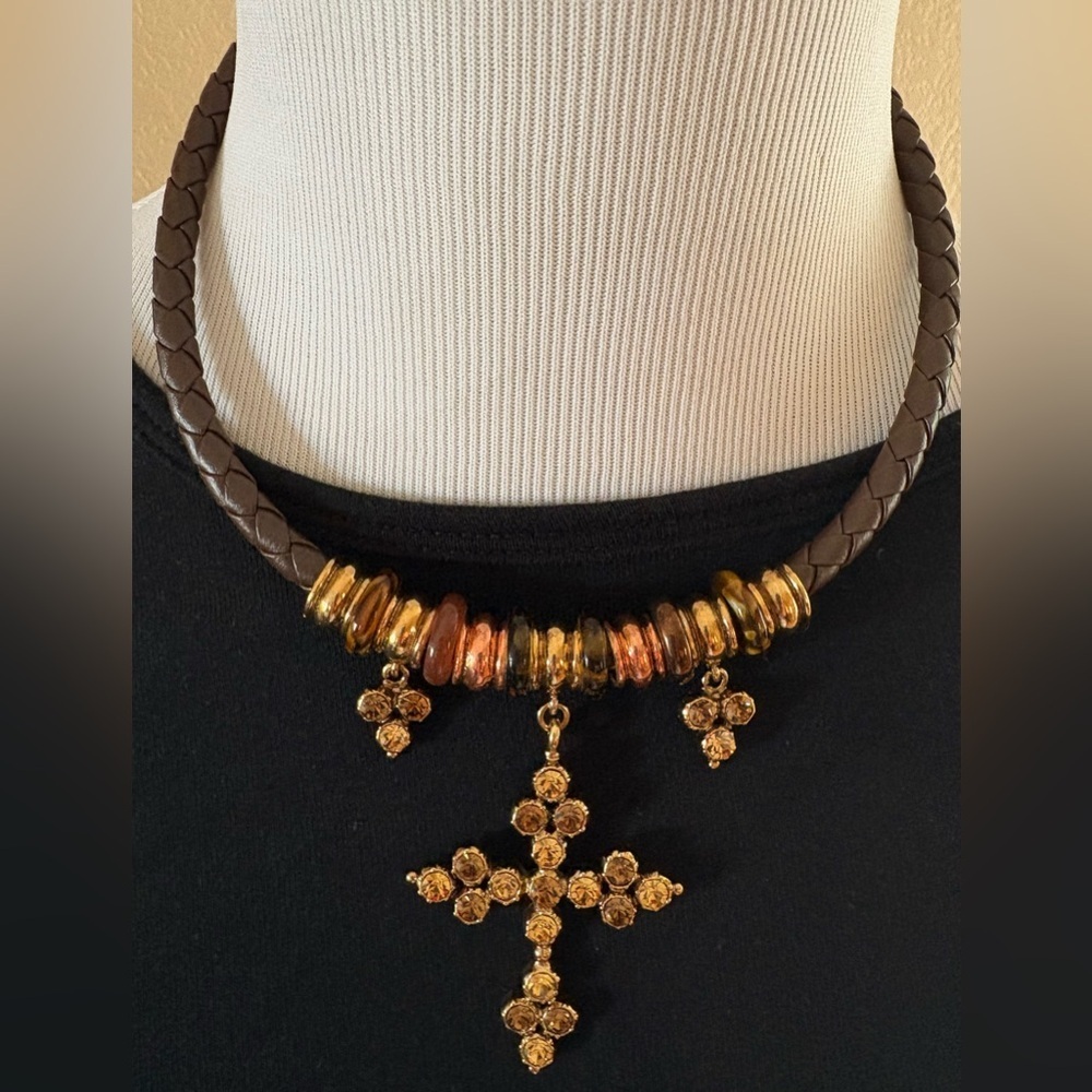 Brown and Gold Necklace/Choker with Cross Pendant